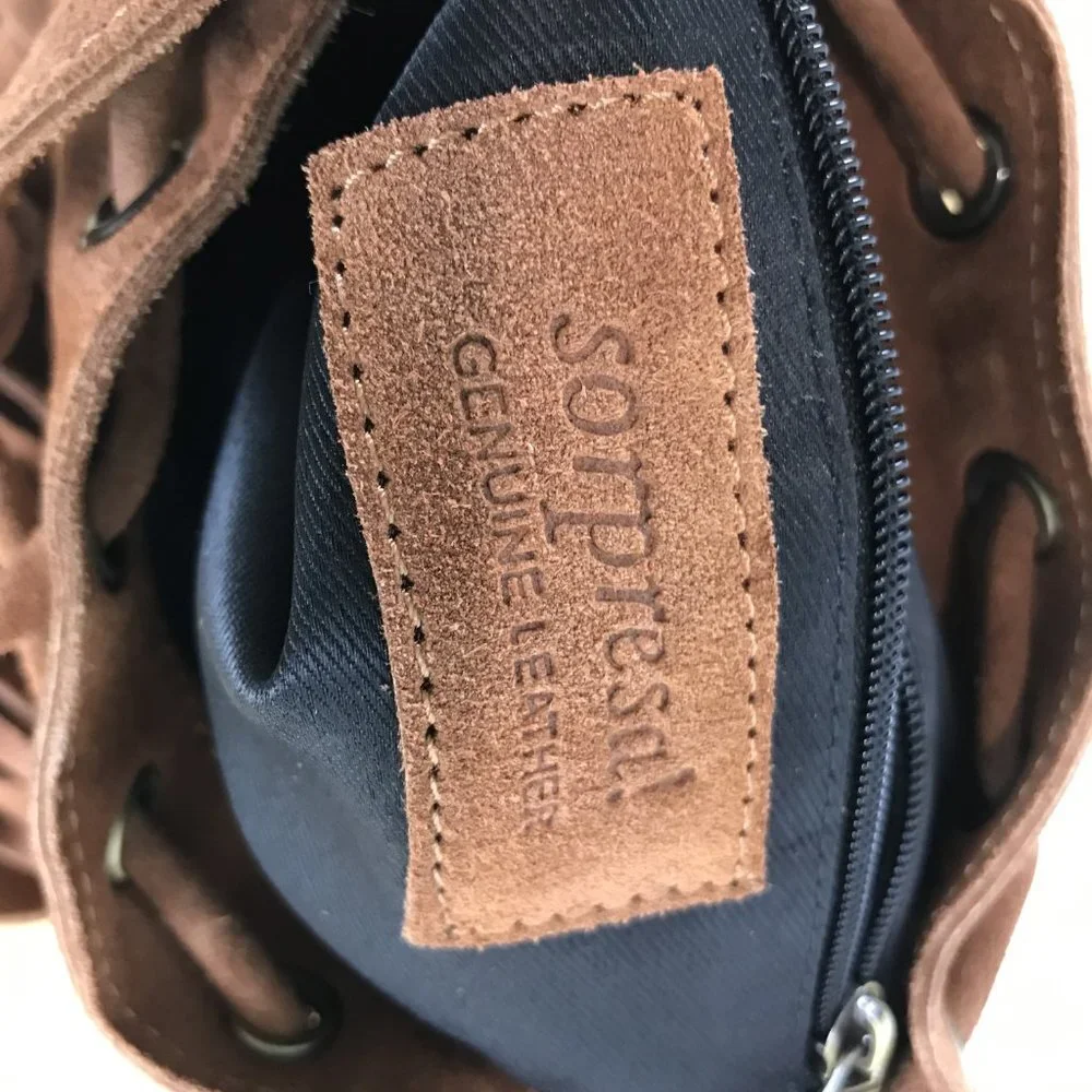 Sopresa tan suede leather fringe backpack